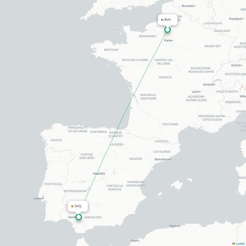 Mapa de vuelo directo París - Sevilla