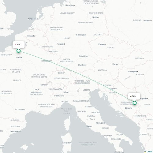 Mapa de vuelo directo París - Tuzla