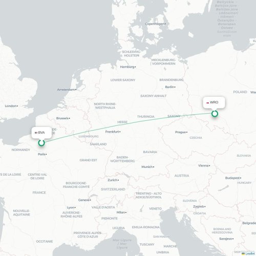 Pariisi – Wrocław suoran lennon kartta