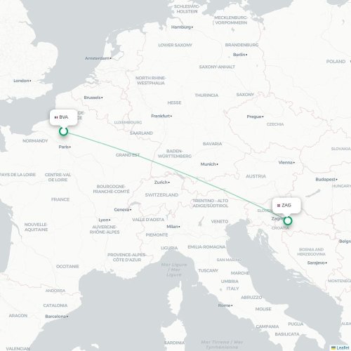 Mapa de vuelo directo París - Zagreb