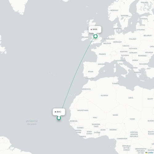 Mapa de vuelo directo Rabil - Mánchester