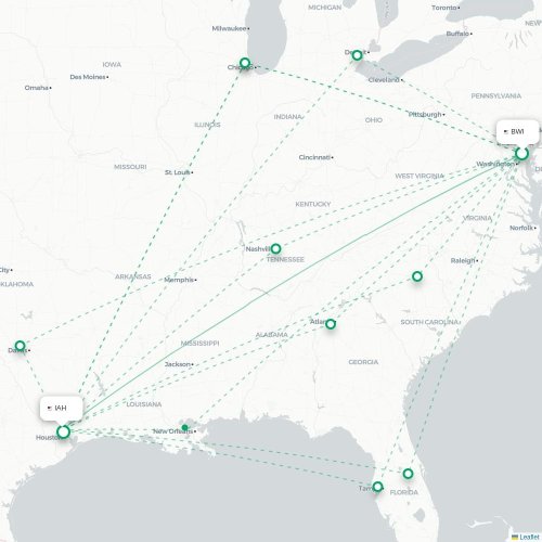 Mapa de vuelo directo Baltimore - Houston
