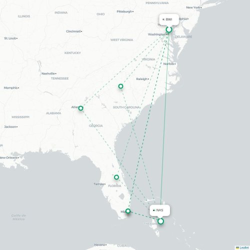 Mapa lotu bezpośredniego Baltimore – Nassau