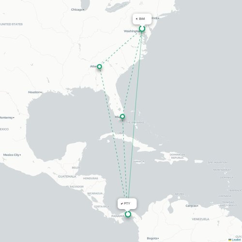 Mapa de vuelo directo Baltimore - Ciudad de Panamá