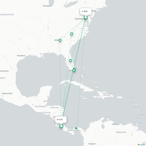 Mapa de vuelo directo Baltimore - San José