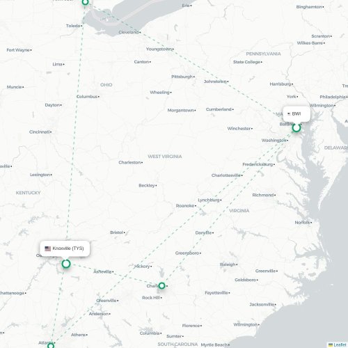 Mapa de vuelo directo Baltimore - Knoxville