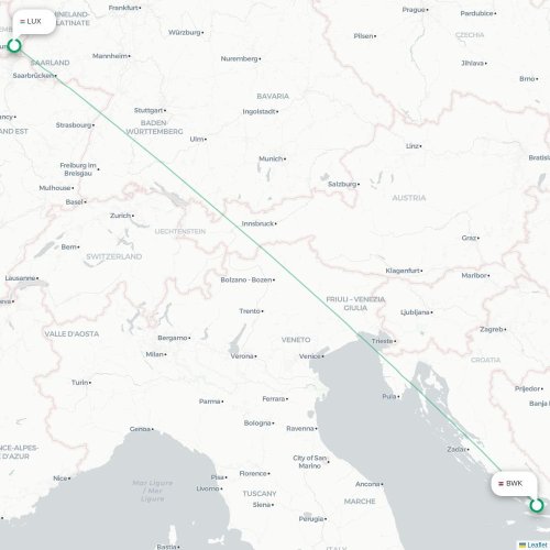 Mapa lotu bezpośredniego Bol – Luksemburg