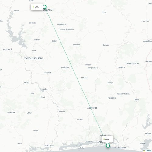 Mapa de vuelo directo Bouaké - Abiyán