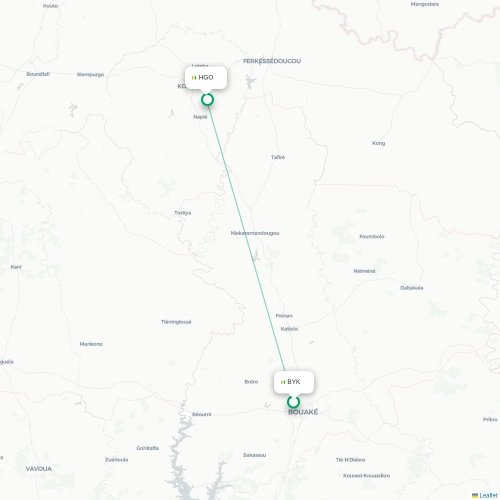 Mapa de vuelo directo Bouaké - Korhogo