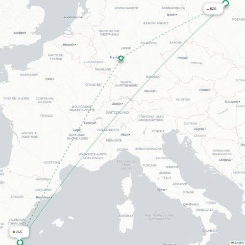 Mapa lotu bezpośredniego Bydgoszcz – Alicante