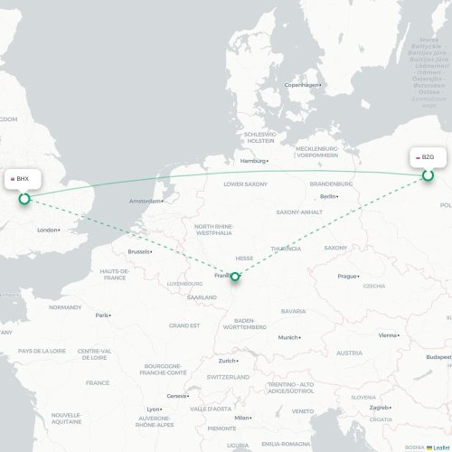 Mapa de vuelo directo Bydgoszcz - Birmingham