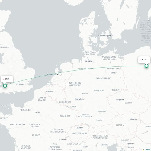 Mapa de vuelo directo Bydgoszcz - Brístol