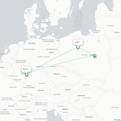 Mapa de vuelo directo Bydgoszcz - Fráncfort