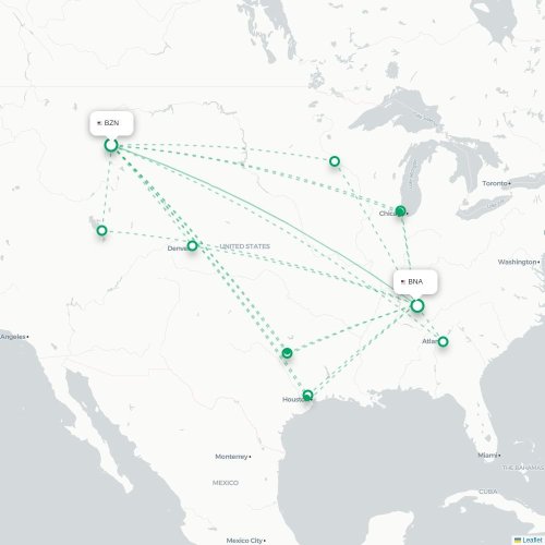 Mapa de vuelo directo Bozeman - Nashville