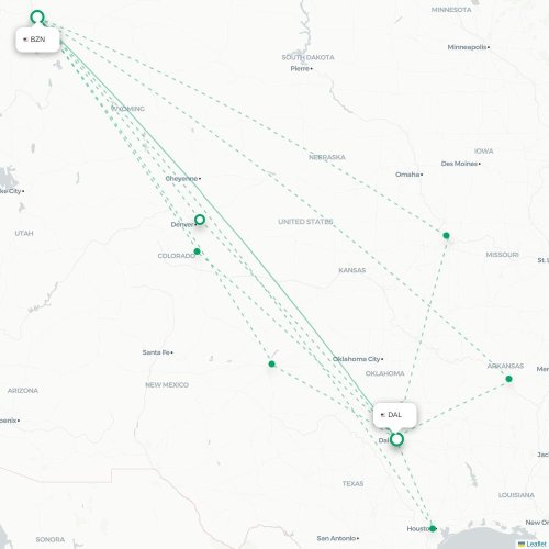 Bozeman - Dallas kaart van rechtstreekse vlucht
