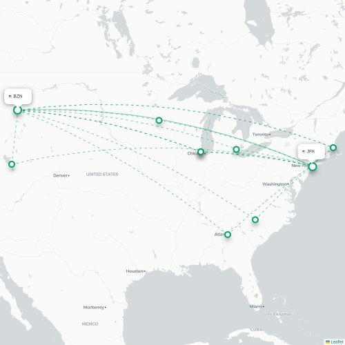 Bozeman - New York kort over direkte fly