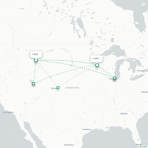 Bozeman - Minneapolis kort over direkte fly