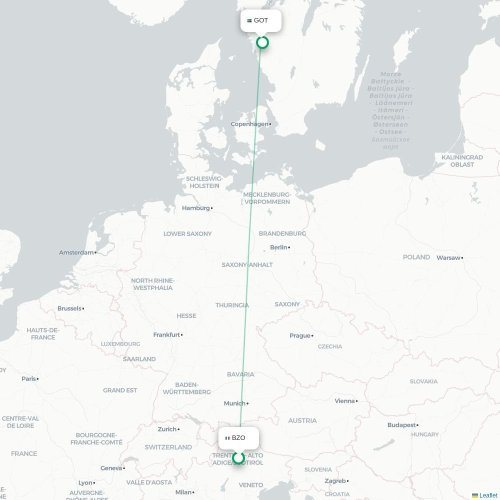 Mapa de vuelo directo Bolzano - Gotemburgo