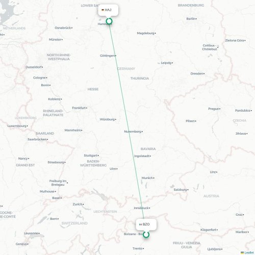 Bozen - Hannover kaart van rechtstreekse vlucht