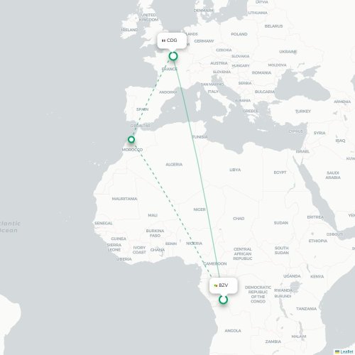 Brazzaville - Paris kort over direkte fly