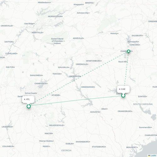 Mapa de vuelo directo Columbia - Atlanta