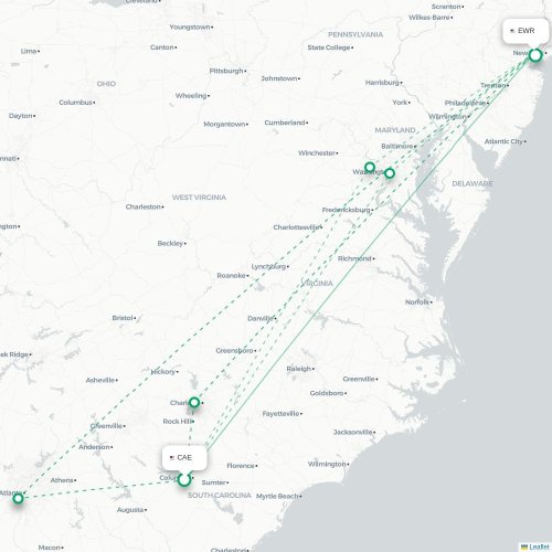 Mapa de vuelo directo Columbia - Newark