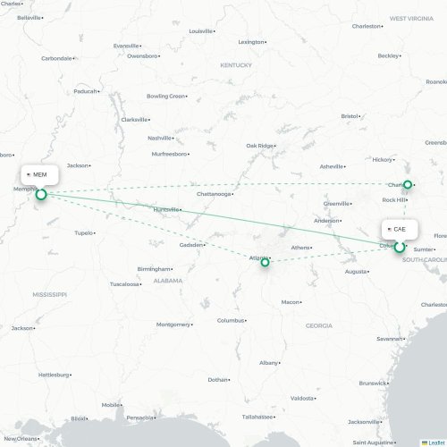 Mapa de vuelo directo Columbia - Memphis