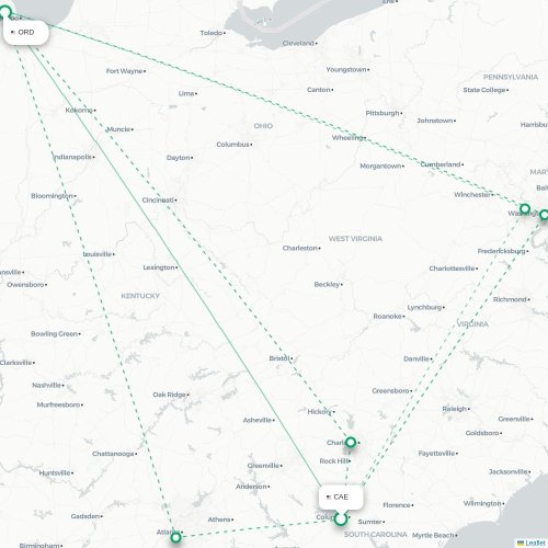 Mapa de vuelo directo Columbia - Chicago