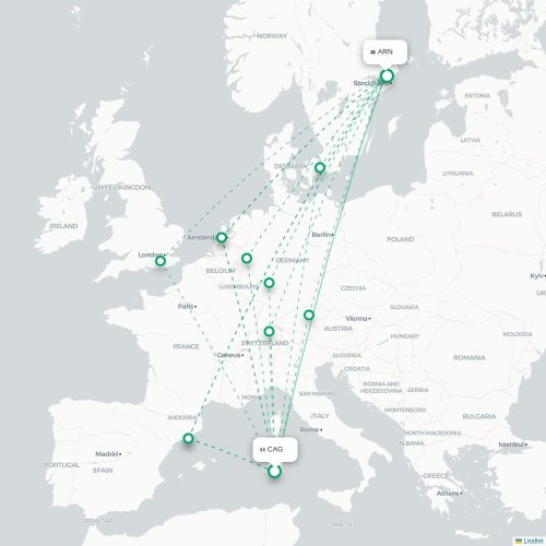 Mapa de vuelo directo Cagliari - Estocolmo