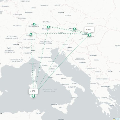 Cagliari - Budapest karta över direktflyg