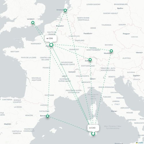 Mapa de vuelo directo Cagliari - París