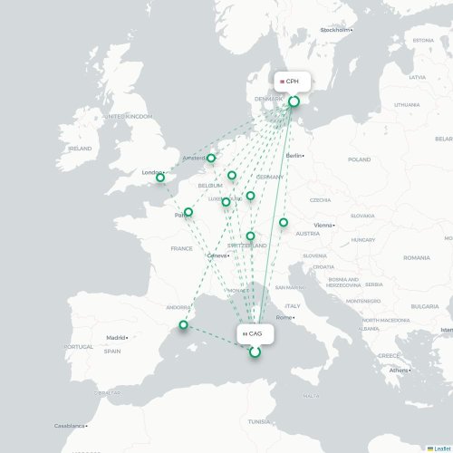 Mapa lotu bezpośredniego Cagliari – Kopenhaga