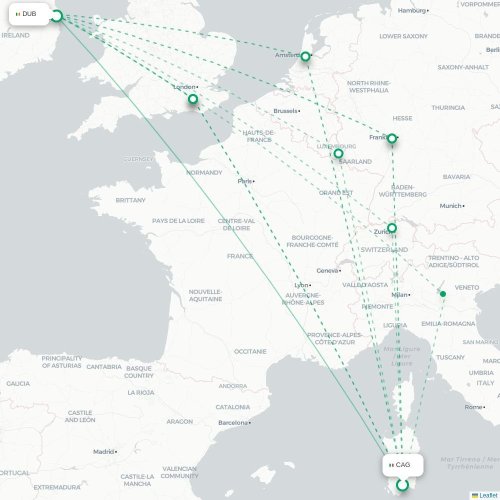 Mapa lotu bezpośredniego Cagliari – Dublin