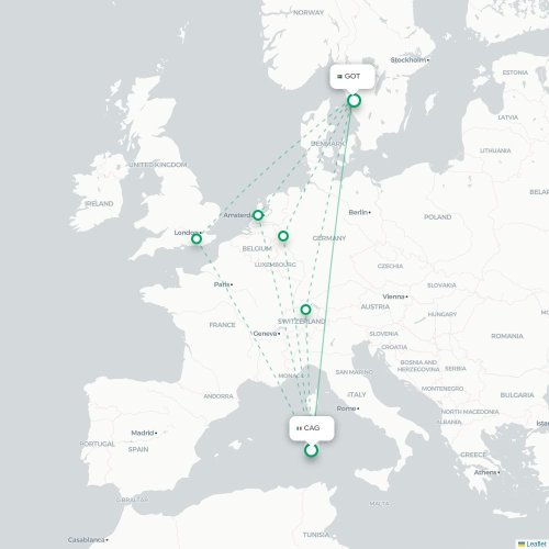 Mapa de vuelo directo Cagliari - Gotemburgo
