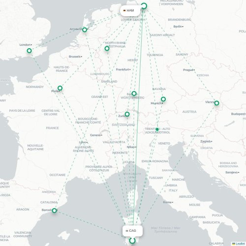Mapa de vuelo directo Cagliari - Hamburgo