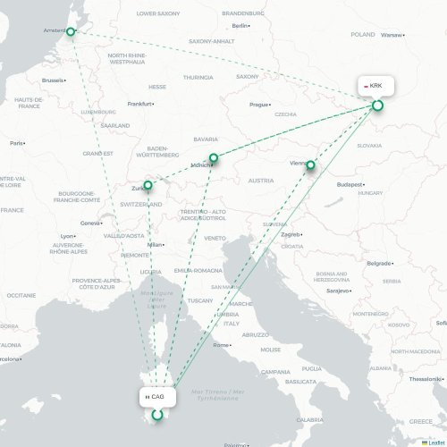 Mapa lotu bezpośredniego Cagliari – Kraków