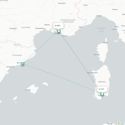 Mapa de vuelo directo Cagliari - Marsella