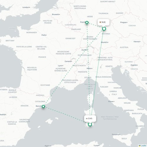 Cagliari - Neurenberg direct flight map
