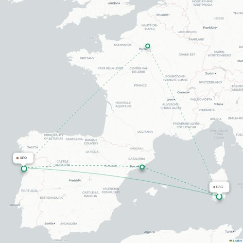 Mapa lotu bezpośredniego Cagliari – Porto