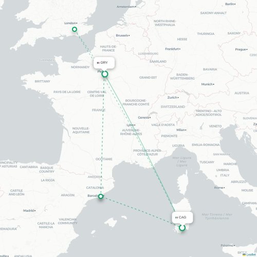 Mapa de vuelo directo Cagliari - París