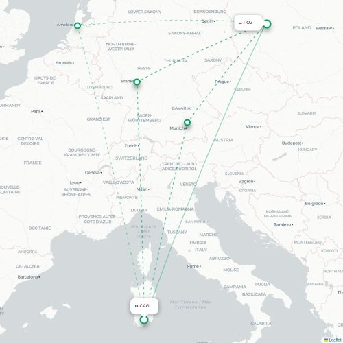 Mapa lotu bezpośredniego Cagliari – Poznań
