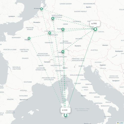 Mapa lotu bezpośredniego Cagliari – Praga