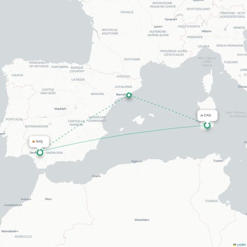 Mapa de vuelo directo Cagliari - Sevilla