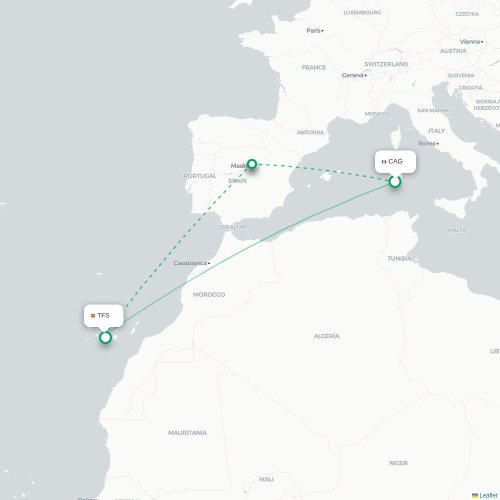 Mapa de vuelo directo Cagliari - Granadilla de Abona