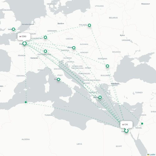 Mapa de vuelo directo El Cairo - París