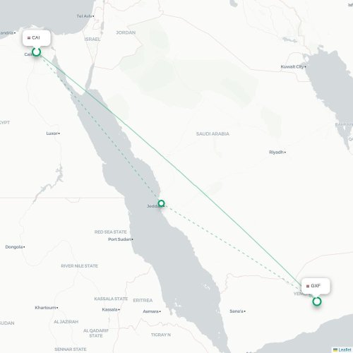 Mapa de vuelo directo El Cairo - Seiyun