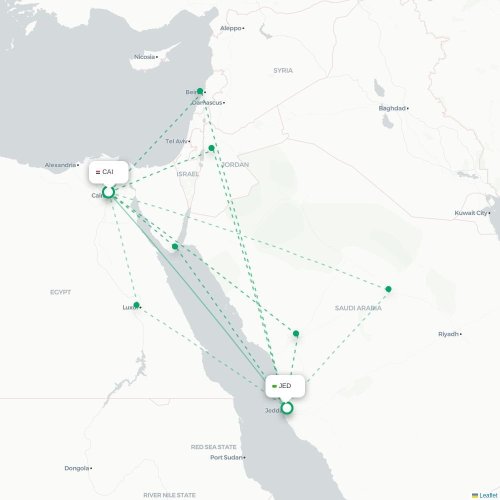 Mapa de vuelo directo El Cairo - Jedda