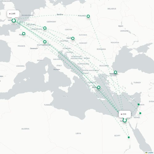 Mapa de vuelo directo El Cairo - Londres