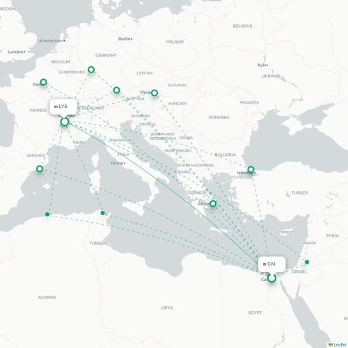 Mapa de vuelo directo El Cairo - Lyon