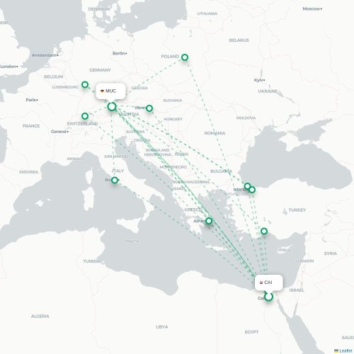 Mapa de vuelo directo El Cairo - Múnich
